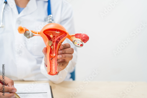 A female doctor sits at a desk in a hospital. She explains about uterine conditions such as endometriosis, uterine fibroids, and cervical cancer, and highlights causes such as herpes, HPV, and HIV.