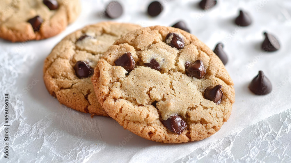 Chewy chocolate chip cookies with a crumbly texture, delectable and fresh tones, space for text Chewy chocolate chip cookies with a crumbly texture, delectable and fresh tones, space for text