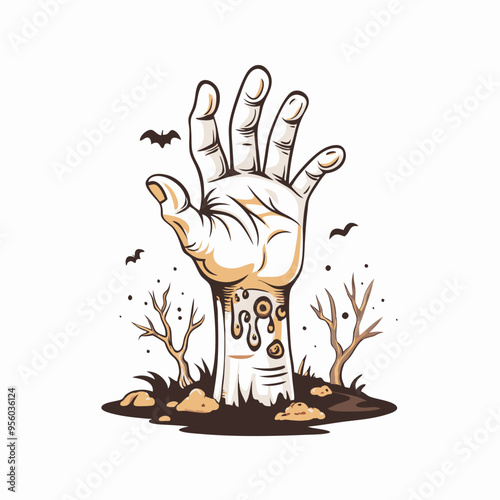 Creepy Zombie Hand Rising from Earth with Flying Bats in Spooky Scene