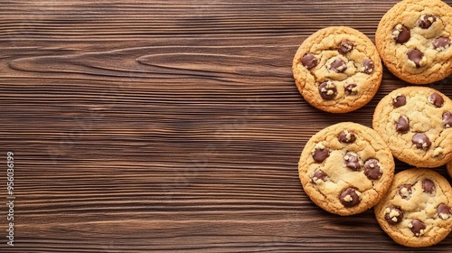 Assorted cookies on a wooden table, sweet and vibrant tones, space for text