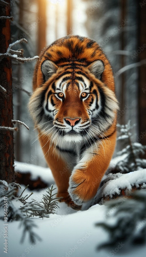 Obraz premium Siberian Tiger Hunting in a Snowy Forest