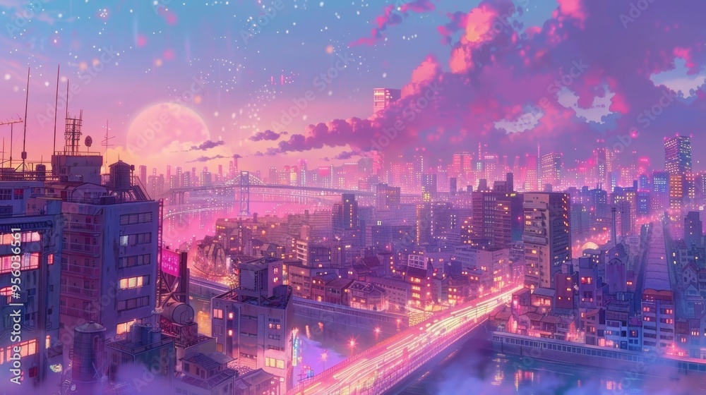 Obraz premium anime city, illuminating Pastel color palette 