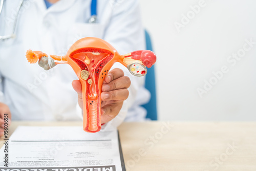 A female doctor sits at a desk in a hospital. She explains about uterine conditions such as endometriosis, uterine fibroids, and cervical cancer, and highlights causes such as herpes, HPV, and HIV.