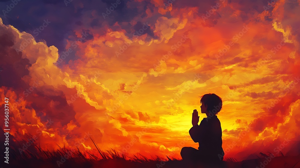 A contemplative moment of a young person in prayer, set against a sky ablaze with the colors of dusk A contemplative moment of a young person in prayer, set against a sky ablaze with the colors of dusk