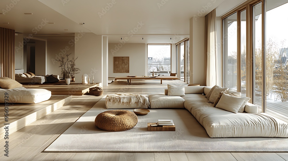 Fototapeta premium Scandinavian living room with an open-concept layout, minimal partitions, light wood flooring, neutral color palette, large windows allowing natural light, spacious and airy design, clean lines,