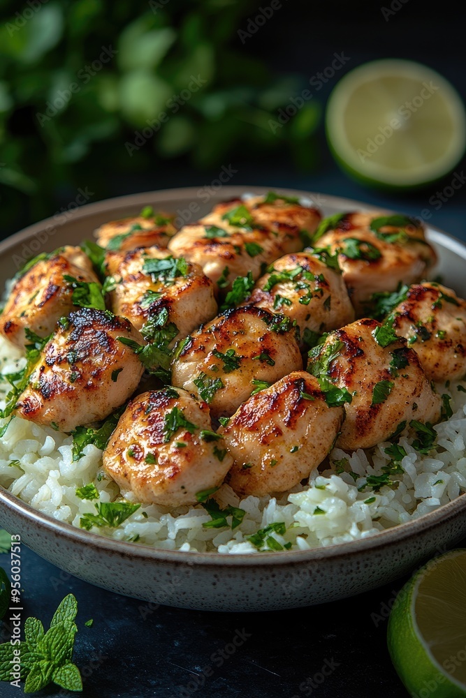 Grilled chicken and rice with cilantro. Perfect for a healthy and flavorful meal. Grilled chicken and rice with cilantro. Perfect for a healthy and flavorful meal.