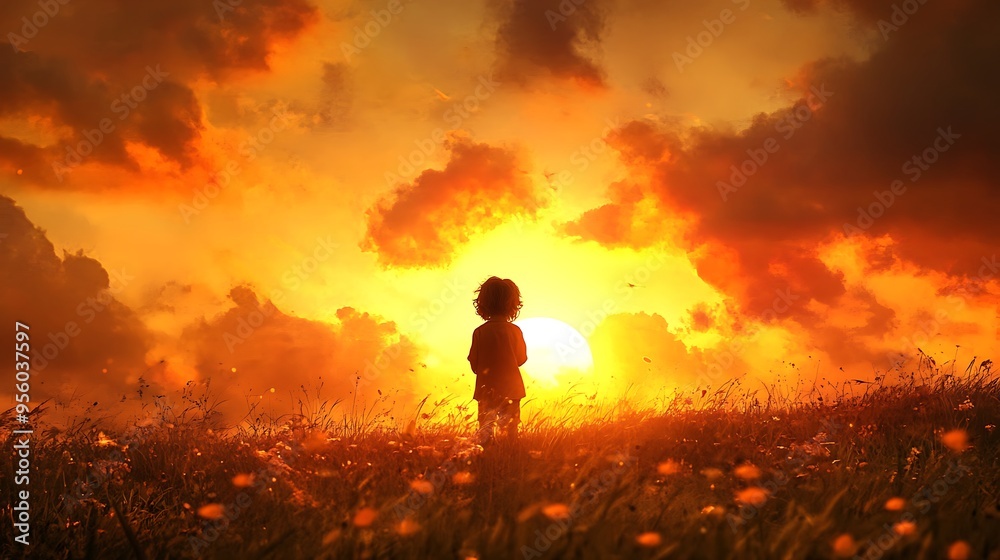 A child in deep prayer at sunset, surrounded by the warm and calming colors of the evening sky A child in deep prayer at sunset, surrounded by the warm and calming colors of the evening sky