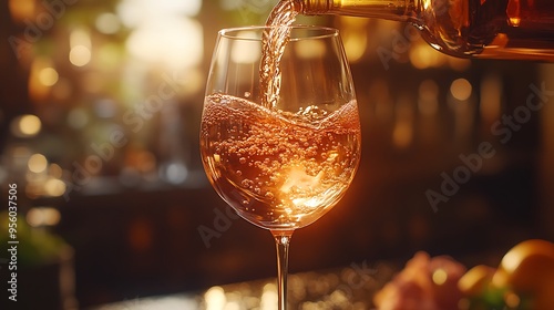 A slow-motion capture of rosé wine pouring into a glass, the liquid forming elegant patterns and reflections as it fills the glass, with warm sunlight enhancing the scene, cinematic atmosphere,