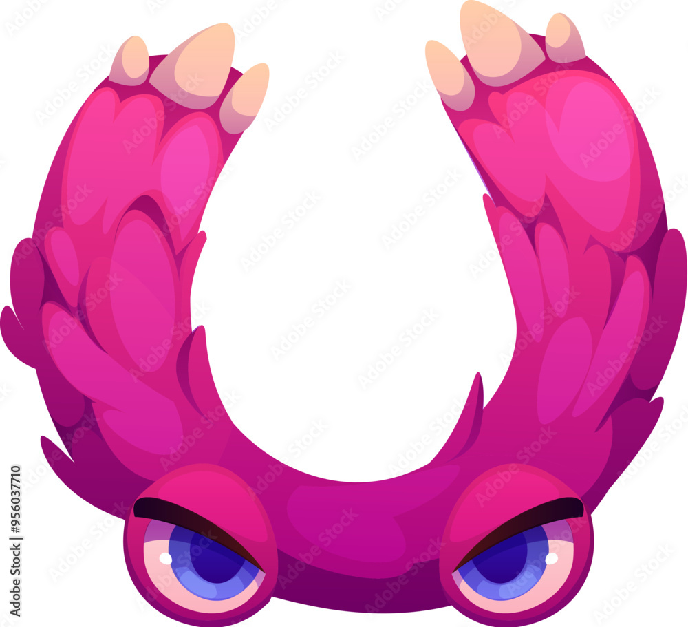 Naklejka premium Letter U Halloween font, cartoon evil type, funny scary typeface, spooky alphabet uppercase letter as pink furry monster with claws and blue eyes. Isolated vector cute furry beast latin abc character