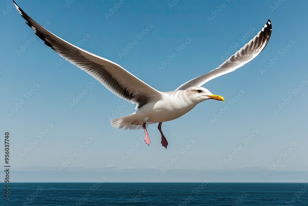 Fototapeta premium Wild Seagull Soaring in Clear Blue Sky Against Ocean Background