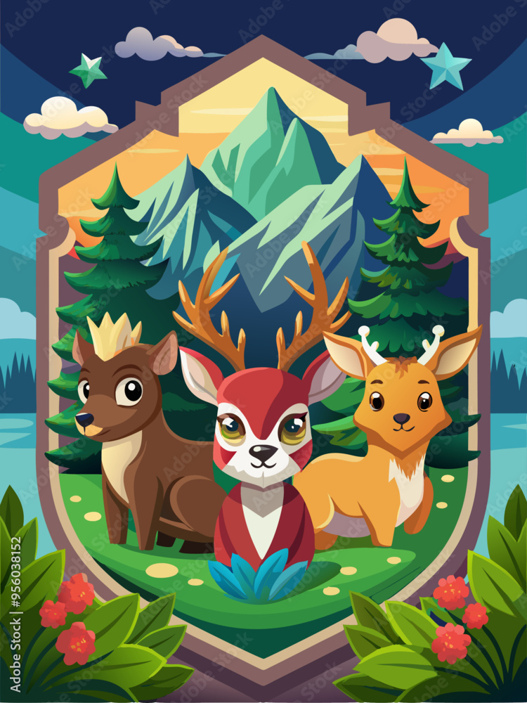 Fototapeta premium Three Cartoon Deer in a Mountainous Forest Setting