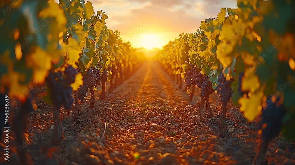 Naklejka premium A vineyard at sunset, with the sun casting a golden glow over the grapevines, the sky filled with warm orange and pink hues, creating long shadows and a serene ambiance, HD quality, cinematic style,