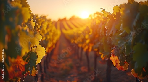 Wallpaper Mural A vineyard transitioning from summer to autumn, with grapevines showing both green and turning leaves, the scene captured in the warm light of early fall, symbolizing the change of seasons, Torontodigital.ca