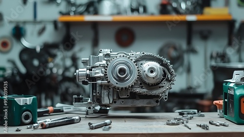 Detailed Motorcycle Gearbox Assembly on Workbench with Soft Lighting