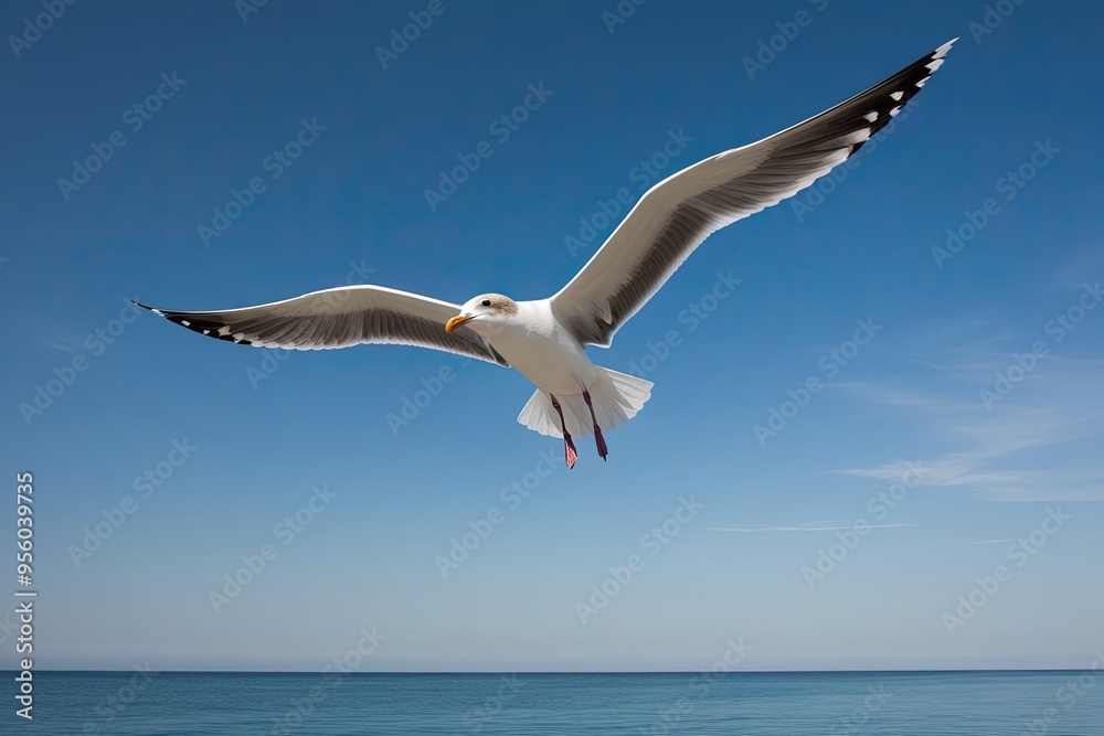 Majestic Seagull Gliding in Clear Blue Sky Above Serene Ocean Waters Majestic Seagull Gliding in Clear Blue Sky Above Serene Ocean Waters