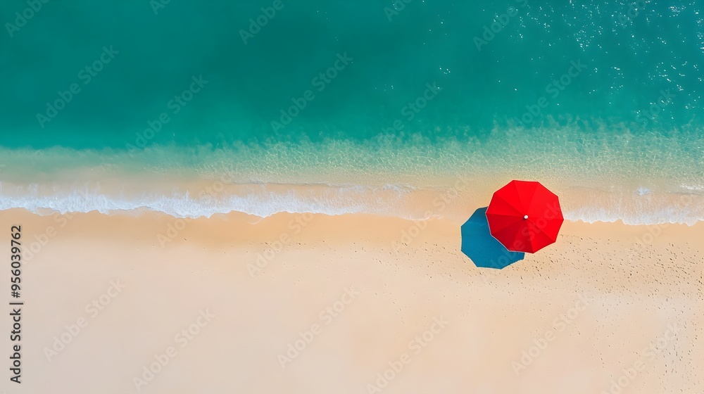 Drone Aerial View of Serene Beach with Lone Umbrella and Untouched Sand Drone Aerial View of Serene Beach with Lone Umbrella and Untouched Sand