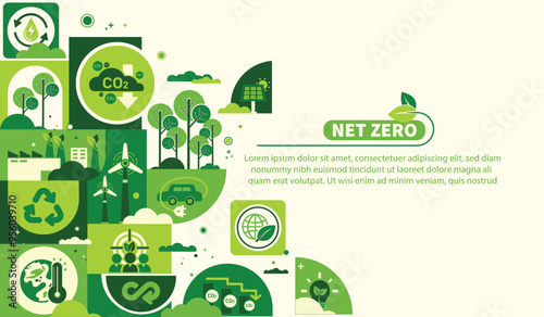 Net zero and carbon neutral concept. Net zero greenhouse gas emissions target. Climate neutral long term strategy with green net zero icons. Environment web banner with green city vector template.