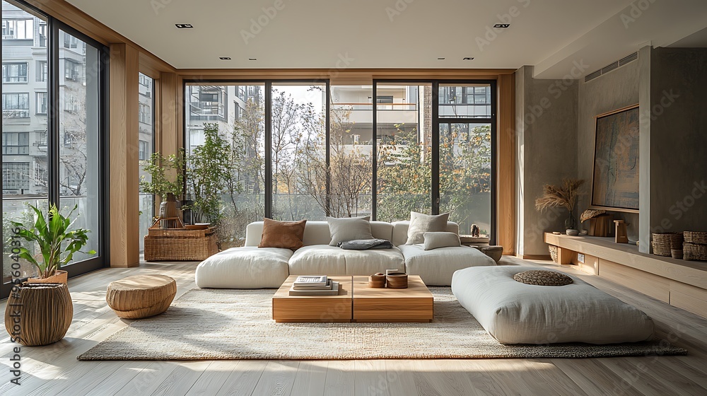 Scandinavian-inspired living room, clutter-free with hidden storage, minimalist furniture, light wood accents, neutral tones, large windows providing natural light, organized and serene atmosphere, Scandinavian-inspired living room, clutter-free with hidden storage, minimalist furniture, light wood accents, neutral tones, large windows providing natural light, organized and serene atmosphere,
