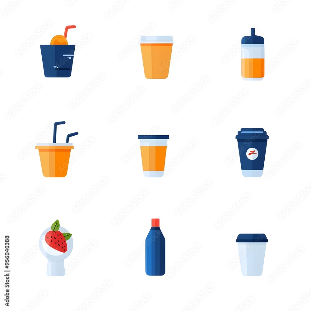 Flat Gradient Icon Set of Diverse Beverage Containers and Glassware Flat Gradient Icon Set of Diverse Beverage Containers and Glassware