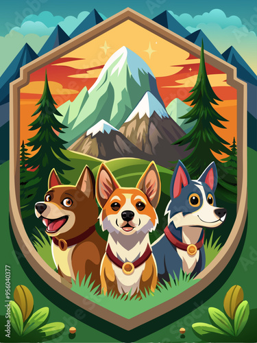 Three Smiling Dogs in a Mountainous Landscape
