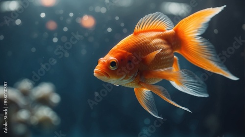 Goldfish in an aquarium with the sea in the background. photo