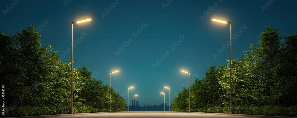 Obraz premium Green City, LED Streetlights, 3D illustration
