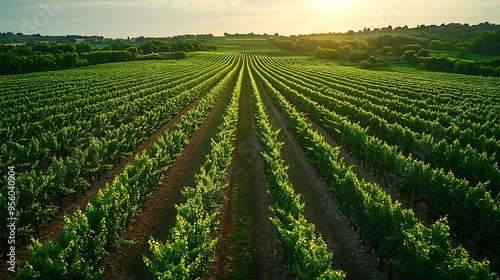 Aerial view of a vineyard, with rows of grapevines stretching as far as the eye can see, the symmetry of the vines creating a beautiful, ordered pattern across the landscape, bathed in warm sunlight, photo