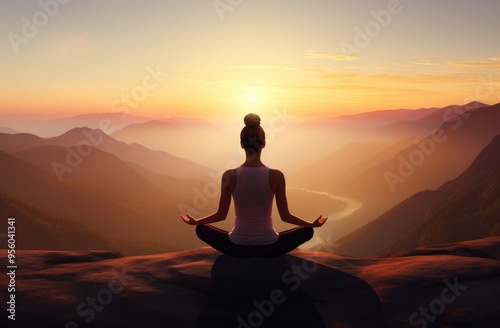  silhouette of a woman practice yoga meditating on top of mountain with sunset , generative ai