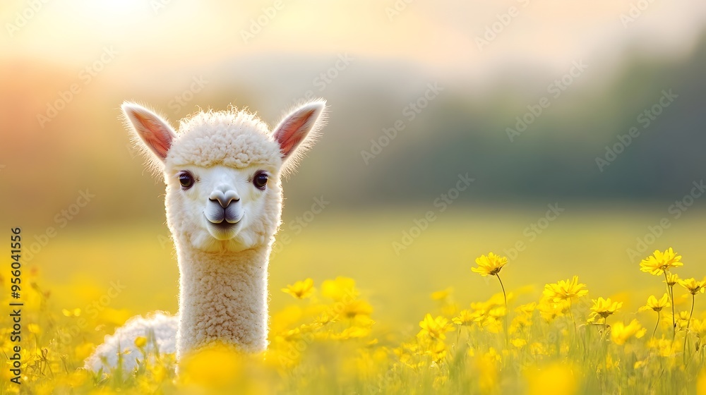 Obraz premium Gentle Fluffy Alpaca in Sun Drenched Pastoral Landscape