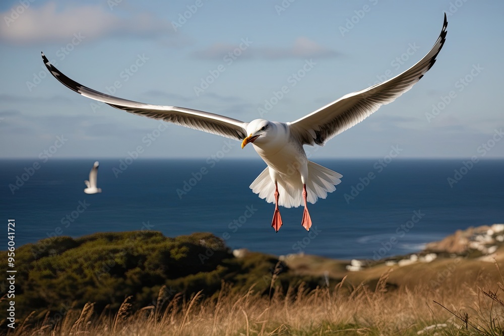 Fierce-Looking Seagull Soaring Through Outdoor Coastal Landscape Fierce-Looking Seagull Soaring Through Outdoor Coastal Landscape