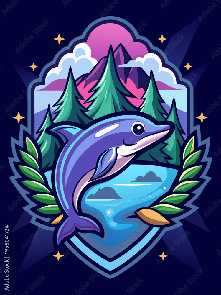 Fototapeta premium A Leaping Dolphin with a Mountain and Forest Landscape