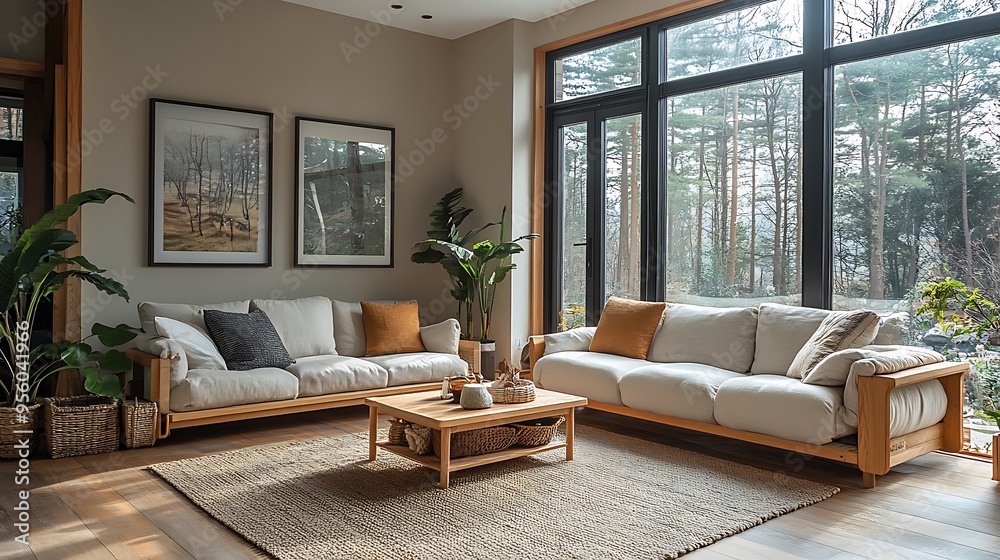 Scandinavian-style living room, clutter-free with minimalist décor, hidden storage in light wood furniture, neutral color scheme, large windows filling the space with light,