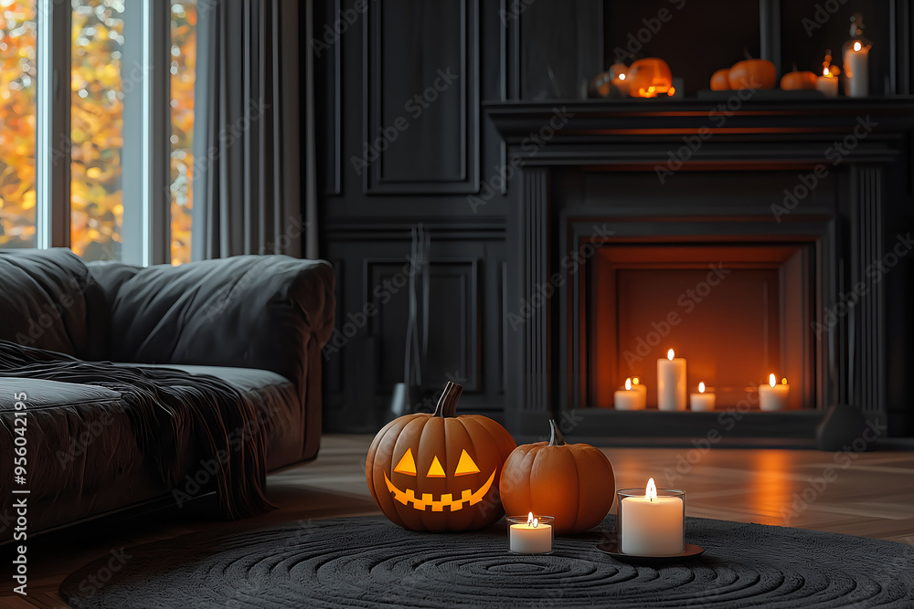Obraz premium Mysterious dark Halloween interior. Apartment with scary creepy elements. Mystic halloween decoration in the room.