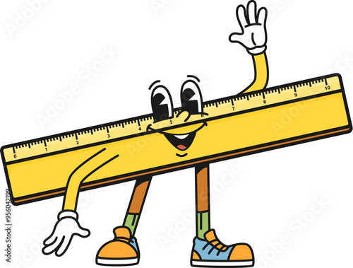 Cartoon groovy ruler school character waving hand, ready to measure and educate students. Isolated vector cheerful and funny retro stationery, measuring ruler tool personage with happy smiling face