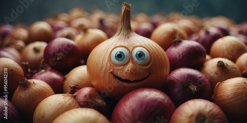 A close-up image of an onion with a comical expressive face The onion appears to be shedding tears of joy.