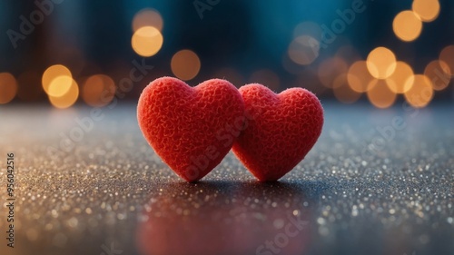 blurred Two red hearts decorative colorful sponge is small heart blurred background.