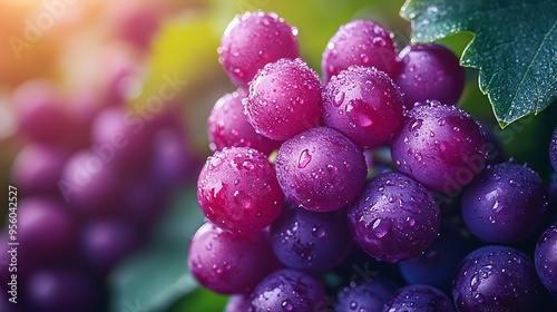 Wallpaper Mural Close-up of a cluster of ripe grapes on the vine, each berry sparkling with morning dew, the sunlight softly highlighting the rich purple hues, with a natural green background, high detail, Torontodigital.ca