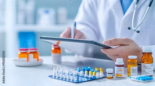 Pharmacist Reviewing Patient Records on Digital Tablet with Medications