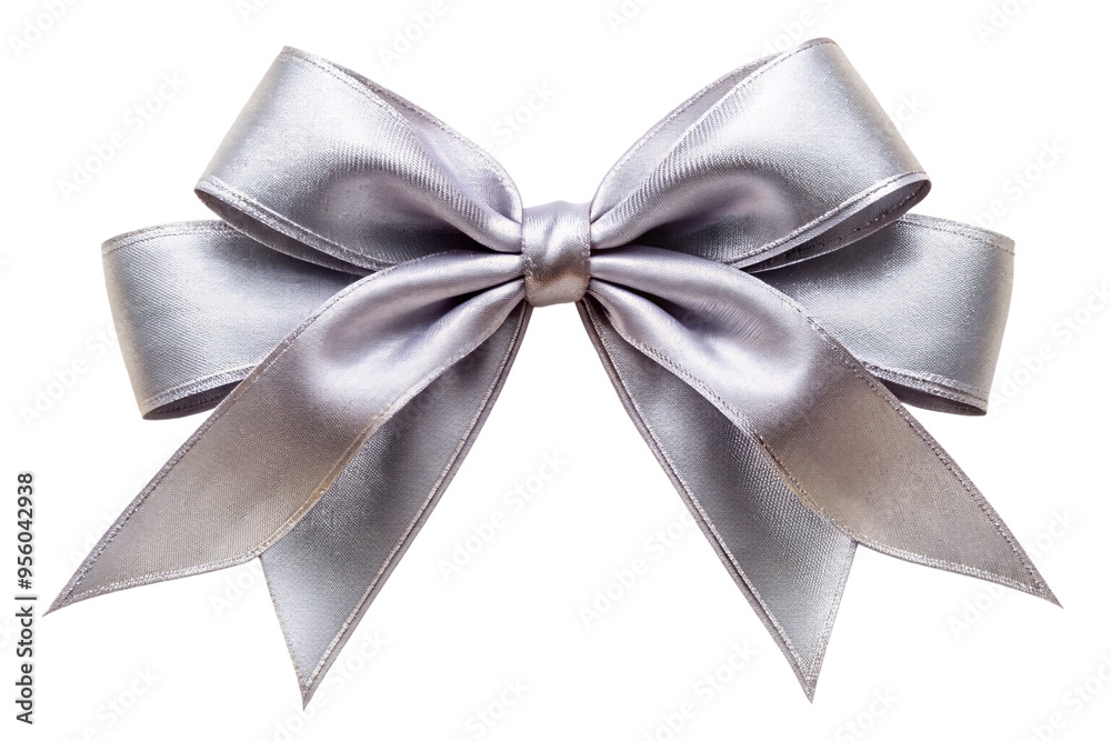 A neatly tied, silver satin bow with a glossy finish, showcasing the smooth texture and soft sheen of the ribbon, isolated on a transparent background A neatly tied, silver satin bow with a glossy finish, showcasing the smooth texture and soft sheen of the ribbon, isolated on a transparent background
