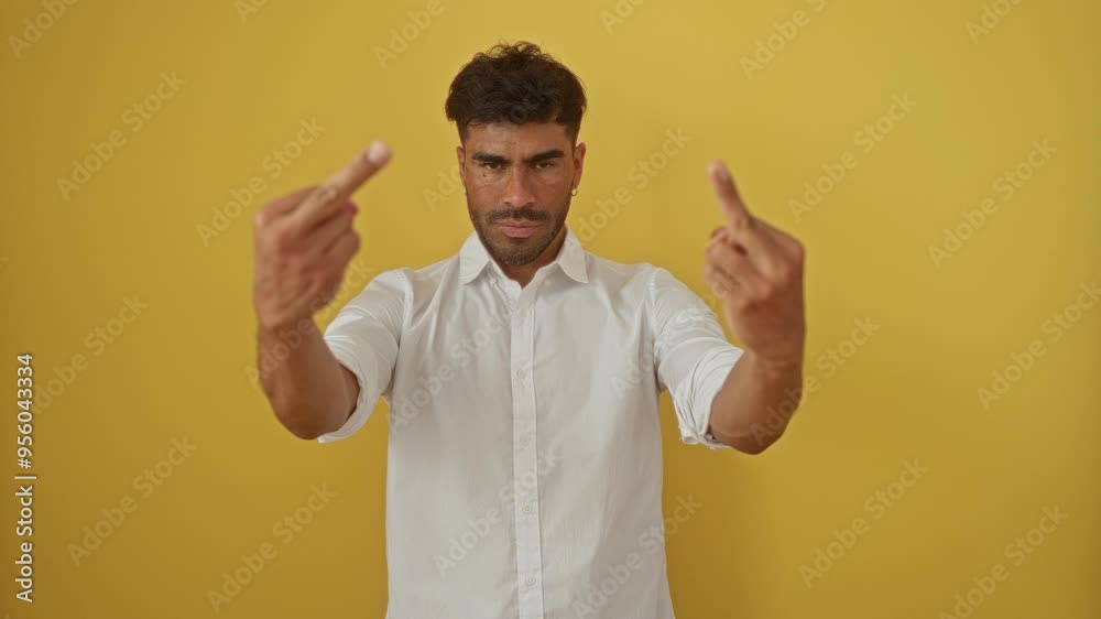 Young man with a white shirt making a rude gesture with both hands against a yellow background, expressing anger and frustration. Young man with a white shirt making a rude gesture with both hands against a yellow background, expressing anger and frustration.