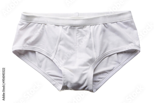 A pair of plain white men’s briefs with a classic design, featuring a comfortable waistband and a clean, minimal look, isolated on a transparent background