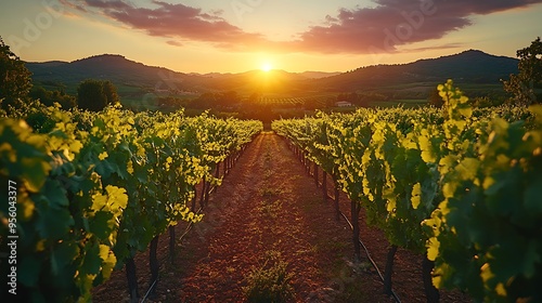 Golden hour in a vineyard, the sun setting behind the hills, casting a warm light on the grapevines, with the sky transitioning to deep pinks and purples, creating a calm and inviting atmosphere, photo