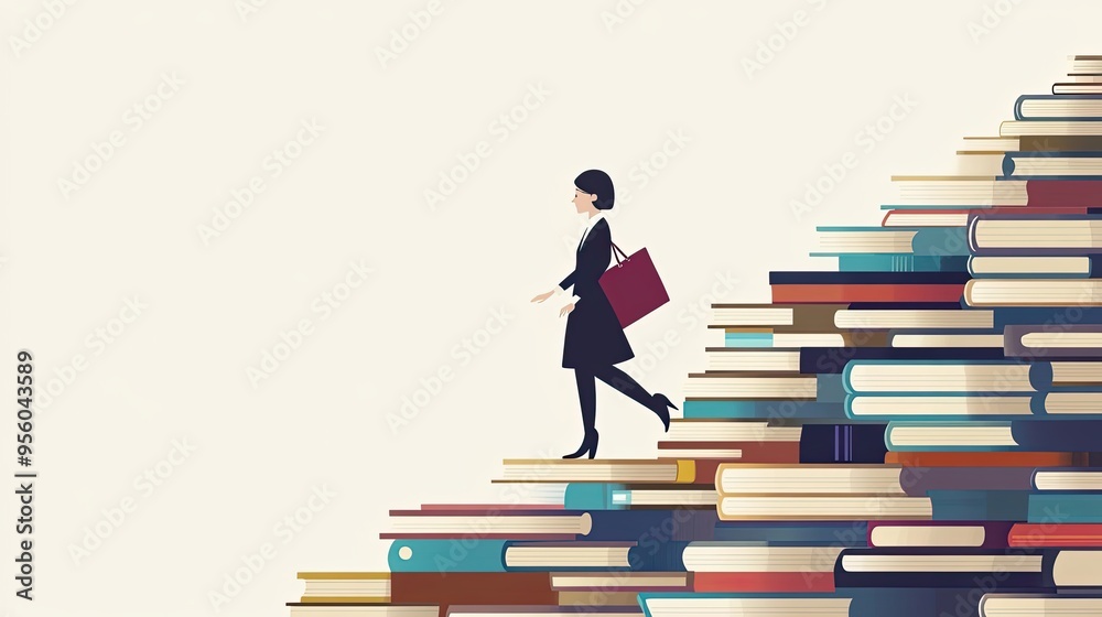 Businesswoman Walking Up a Stack of Books