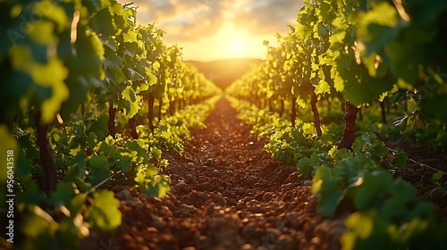 Ground-level perspective of vineyard rows, the grapevines forming a perfect, symmetrical pattern, the sunlight filtering through the leaves, creating a peaceful and orderly scene, cinematic style,