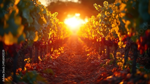 Ground-level perspective of vineyard rows, the grapevines forming a perfect, symmetrical pattern, the sunlight filtering through the leaves, creating a peaceful and orderly scene, cinematic style,