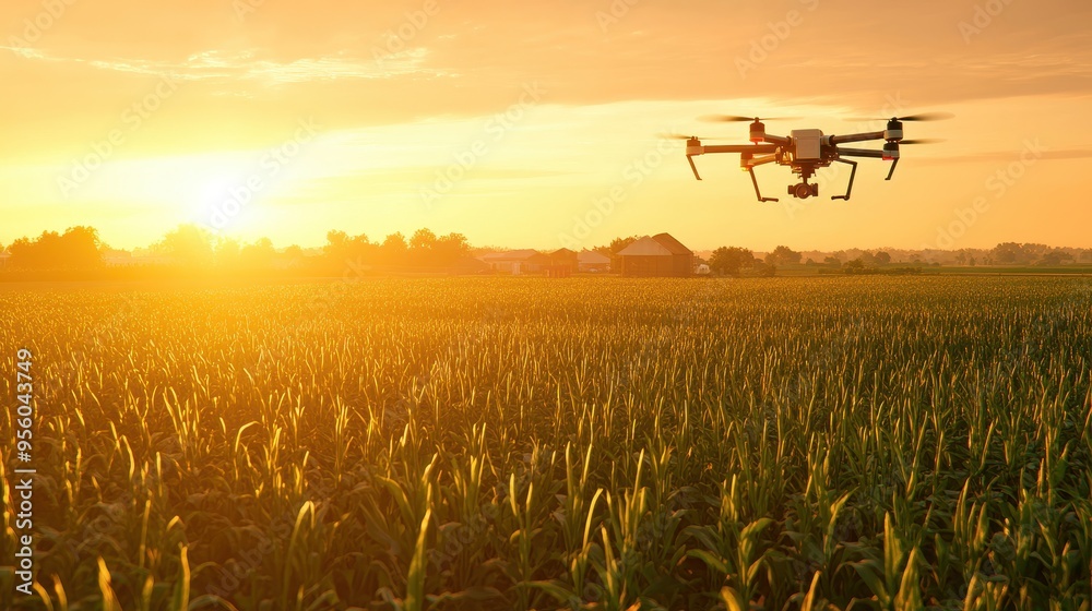 Drone Flying Over a Cornfield at Sunset Drone Flying Over a Cornfield at Sunset
