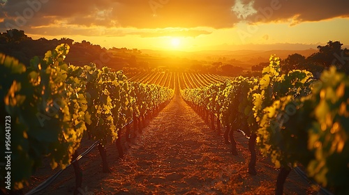 Ground-level shot of vineyard rows, the grapevines stretching into the horizon, with golden sunlight filtering through the leaves, casting long shadows across the neat, symmetrical rows, photo