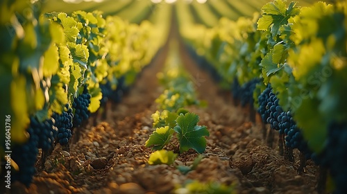 Ground-level view of vineyard rows, the grapevines forming perfect lines across the landscape, with the warm light of late afternoon enhancing the symmetry and natural beauty of the scene, photo