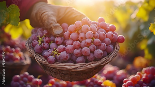 Harvest time in a vineyard, with workers hand-picking grapes and placing them into baskets brimming with ripe fruit, warm sunlight highlighting the rich colors of the grapes and leaves, photo