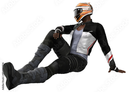 Dark skinned man in biker helmet and leather outfit. Motorcyclist wears a leather outfit and a helmet. 3D Illustration. photo